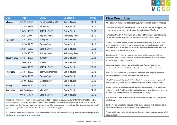 Class timetable October 2024