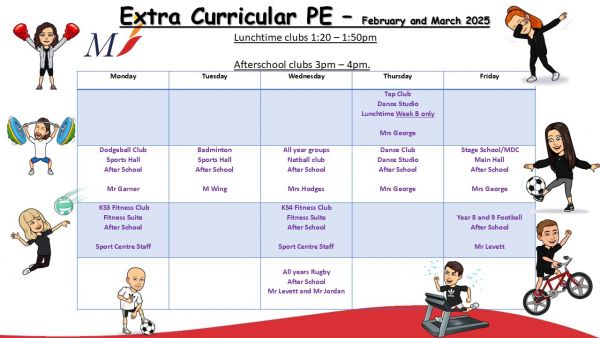 Extra Curricular PE Clubs 2024 25 Feb Mar